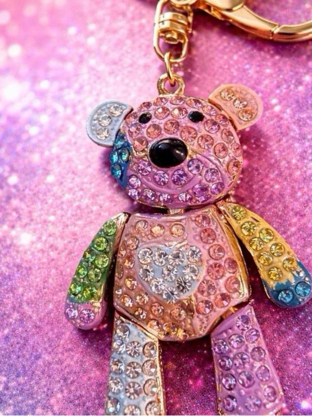 Multicolor Crystal Teddy Bear Bag Charm Keychain - Gold Hardware
